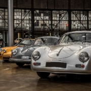 Exhibition hall at Classic Remise in Dusseldorf featuring classic cars from renowned brands