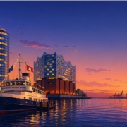 Hamburg waterfront at sunset with the Elbphilharmonie