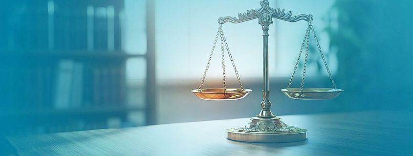 Goldene Balkenwaage auf Tisch, im Vorder- und Hintergrund blaue Farbverläufe; das Bild dient als Key Visual für den UPC-Update.