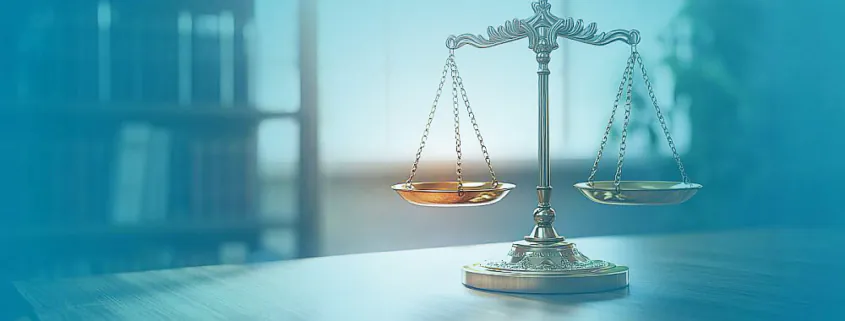A golden balance scale on a table, with blue color gradients in the foreground and background; the image serves as the key visual for the B&B Bulletin